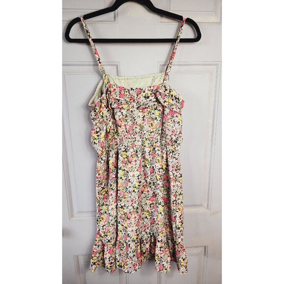 Y2K Pink Floral Chiffon ruffle mini Dress Sz Large Spaghetti Straps Lined chintz - Picture 7 of 12